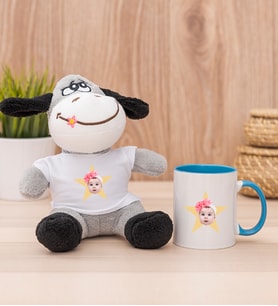 Kişiye Özel Pembe Yıldız Kafa Fotoğraflı Peluş Eşek ve Mavi Kupa