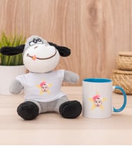 Kişiye Özel Pembe Yıldız Kafa Fotoğraflı Peluş Eşek ve Mavi Kupa