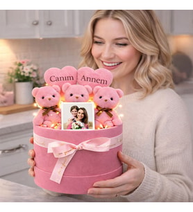 Kişiye Özel Fotoğraflı Canım Annem Tasarımlı Peluş Ayıcık Buketi (Pembe)