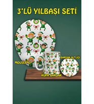 Yılbaşı Temalı 3'lü Bilek Destekli Mousepad Kupa Ve Bardak Altlığı Seti