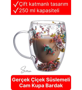 Premium Kurutulmuş Çiçekli Şık Çift Katman Cam Kupa Bardak Hediyelik Kulplu Fincan 250 ml