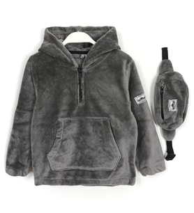 Kanguru Cep Çanta Aksesuarlı Polar Unisex Bebek & Çocuk Kapüşonlu Sweatshirt Füme