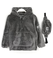 Kanguru Cep Çanta Aksesuarlı Polar Unisex Bebek & Çocuk Kapüşonlu Sweatshirt Füme