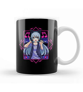 Vaporwave Japanese Anime Girl Headphones Punk Kawaii Manga Kupa Bardak Porselen
