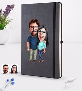 BK Gift Kişiye Özel Sevgililer Karikatürlü Siyah Termo Deri Defter 16x24cm Model 109