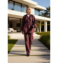 Kadın Alt Üst Oversize Modal Dokuma Kumaş Bağlama Detaylı Bluz Ve Geniş Paça Pantolon Takımı Rahat (Bordo)