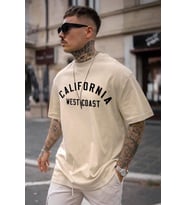 Unisex West Coast Baskılı Oversize Tshirt (Bej)