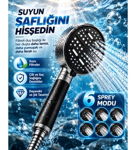 6 Sprey Modlu Filtreli Duş Başlığı Büyük Su Paneli Silikon Nozullu Modern Tasarım