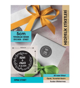 Çelenk Çiçek Motifli, Siyah Etiket Modeli Ürünlerinize Özel 5 Cm - 40 Adet Opak Sticker