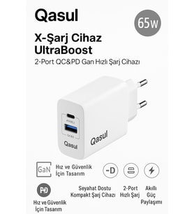 65W 2 Portlu Hızlı Şarj Adaptörü QC 3.0 + PD, Kompakt ve Güvenli Tasarım Telefon, Tablet ve Laptop