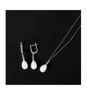 925 Ayar Tria Modeli Damla Gümüş İnci Set (Rodyum)