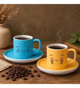 BK Gift 2'li Turkuaz ve Sarı Renkli Emoji Yüz Tasarımlı Seramik Türk Kahvesi Fincanı Takımı-9