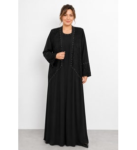 Kadın Abaya ve İçine Kristal Detaylı Penye Elbise İkili Takım Y26-25159 - Siyah