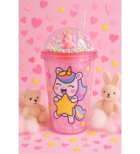 Unicorn Temalı Suluk Pipetli Buzlu Cam Görünümlü 450 ML Çift Katman Mika Su Şişesi 2646 Pembe