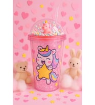 Unicorn Temalı Suluk Pipetli Buzlu Cam Görünümlü 450 ML Çift Katman Mika Su Şişesi 2646 Pembe