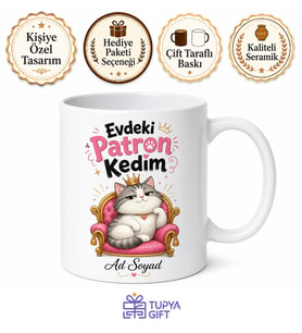 İsme Özel Evdeki Patron Kedim Yazılı Komik Kupa Bardak Hediye