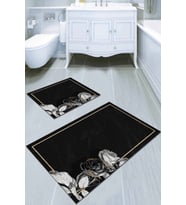 Siyah Çiçekli Banyo Halısı Klozet Takımı Paspas Seti BS014