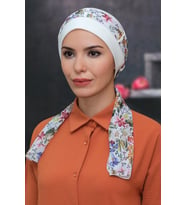 Krem Pratik Hazır Geçmeli Tesettür Bone Sandy Kumaş Desenli Şifon Kemerli 1305D_40