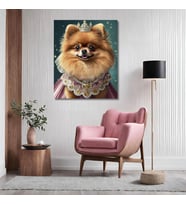 Tekli Dikey Kanvas Duvar Tablosu Prenses Kostümlü Pembe Pomarian Köpek