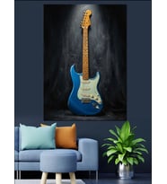 Sahne Işığında Mavi Elektro Gitar Dekoratif Kanvas - Mdf Ahşap Tablo