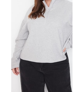 Büyük Beden Tarz Regular Dik Yaka Düşük Kol Crop Fermuarlı Selanik İnce Örme Sweatshirt