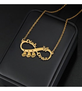Kişiye Özel Zarif Sonsuzluk Model Çift İsim Mini Kalp Charm Kolye 925K Gümüş (Gold)