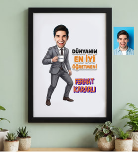 Kişiye Özel Karikatürlü Erkek Öğretmen Siyah Çerçeve Öğretmenler Günü Hediyesi