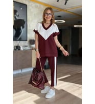 Kadın Kısa Kollu V Yakalı çift Renkli Viskon Iki Iplik Ikili Bluz Ve Pantolon Takım (Bordo)