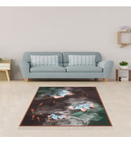 Balık Çiçek Desenli Renkli Dijital Baskılı Kaymaz Taban Modern Salon Halısı ve Yolluk (Mavi-Siyah)