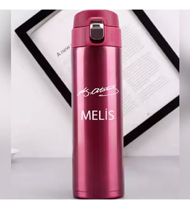 Kişiye Özel Lazer Baskılı 500ml Çelik İmza Baskılı Termos – Sızdırmaz, Vakumlu, Kilitli Kapak (Pembe)
