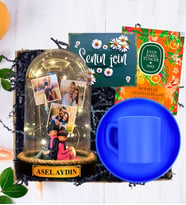 İsimli, 3 Fotoğraflı ve Işıklı Fanus & Mavi Kahve Fincanı  Kişiye Özel Premium Set (Model 8)