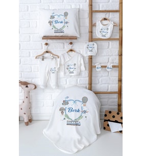 Pia Baby Premium İsim Baskılı Yenidoğan Erkek Bebek Hastane Çıkışı Set 5019-02 (Ekru)