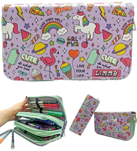 Kalem Kutusu Unicorn-Flamingo Kawai Organizer Kalemkutu Vegan Deri Üç Bölmeli Kalemlik - Yeşil