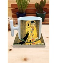 Kediler ve Sanat/Gustav Klimt The Kiss  Set 9 - T Kulplu Fincan Kupa-Taş Bardak Altlığı 4