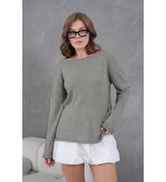 Kadın Haki Basic Oversize Kayık Yaka Dokulu Triko Kazak 8529sw