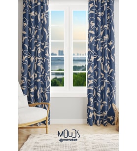 Navy Vintage 2 Desenli Süet Oturma Odası Salon Fon Perde Baskılı Ekstrafor Büzgü 2 Kanat PRD-1065