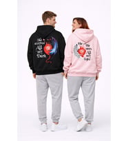 Sevgili Kombini Melek Şeytan Kalp Baskılı Oversize Hoodie Seti Kadın Erkek (Siyah)