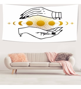 Ayın Evreleri Desenli Leke Tutmaz Kadife Dokulu Kumaş Duvar Örtüsü Duvar Halısı Tapestry (Sarı-Beyaz)