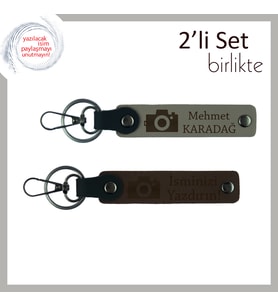 Sevgiline Anılarla Dolu Hediye, Kamera Temalı Kişisel 2’li Anahtarlık Takımı, Kül Gri-Koyu Kahve