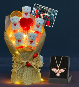 Premium Set - Kişiye Özel Fotoğraflı Led Işıklı Buket ve Zümrüdü Anka Kuşu Kolyesi (Model 1)