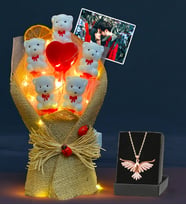 Premium Set - Kişiye Özel Fotoğraflı Led Işıklı Buket ve Zümrüdü Anka Kuşu Kolyesi (Model 1)