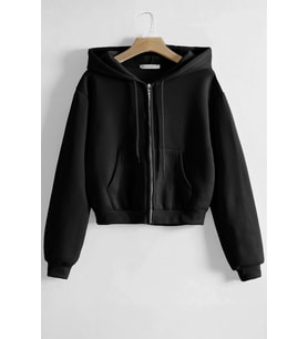 Ghassy Co. Kadın Pamuklu Crop Model Kanguru Cepli Sonbahar ve İlkbahar Kapüşonlu Crop Sweatshirt (Siyah)