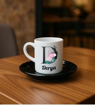 BK Gift Kişiye Özel Harf ve İsim Tasarımlı Siyah Tabaklı Türk Kahvesi Fincan Takımı-1, Sevgiliye Hediye, Arkadaşa Hediye, Eşe Hediye