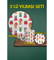 Yılbaşı Temalı 3'lü Bilek Destekli Mousepad Kupa Ve Bardak Altlığı Seti