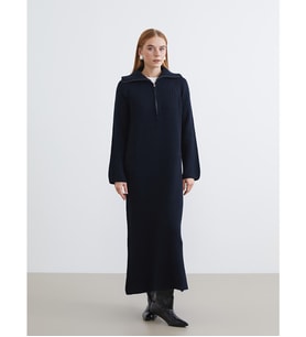 LCW Modest Lacivert Polo Yaka Triko Elbise