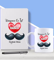 BK Gift Kişiye Özel Dünyanın En İyi Babası Tasarımlı Beyaz Defter Kalem ve Kupa Seti-1 (Model 1)