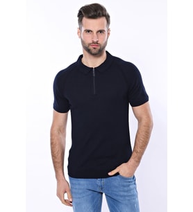 Polo Yaka Fermuarlı Örme Lacivert Erkek T-shirt - Wessi