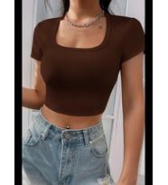 Fantezia Night Kadın Kahverengi Yarım Kol Düz Yaka Crop Top Bluz