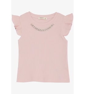 Breeze Kız Çocuk Tişört Kemer Boy Yakası Zincir Aksesuarlı 9-14 Yaş, Pembe