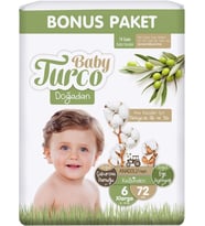 Baby Turco Bebek Bezi Doğadan Beden:6 (16-25KG) XLarge 72 Adet Bonus Pk
